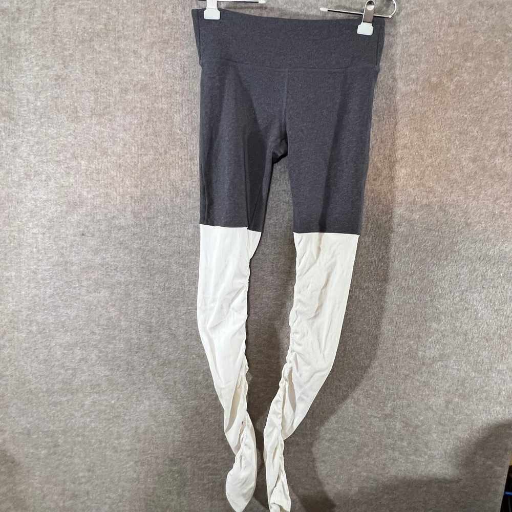 Alo Yoga Goddess Ribbed Leggings Women L Gray Black White Colorblock Yoga